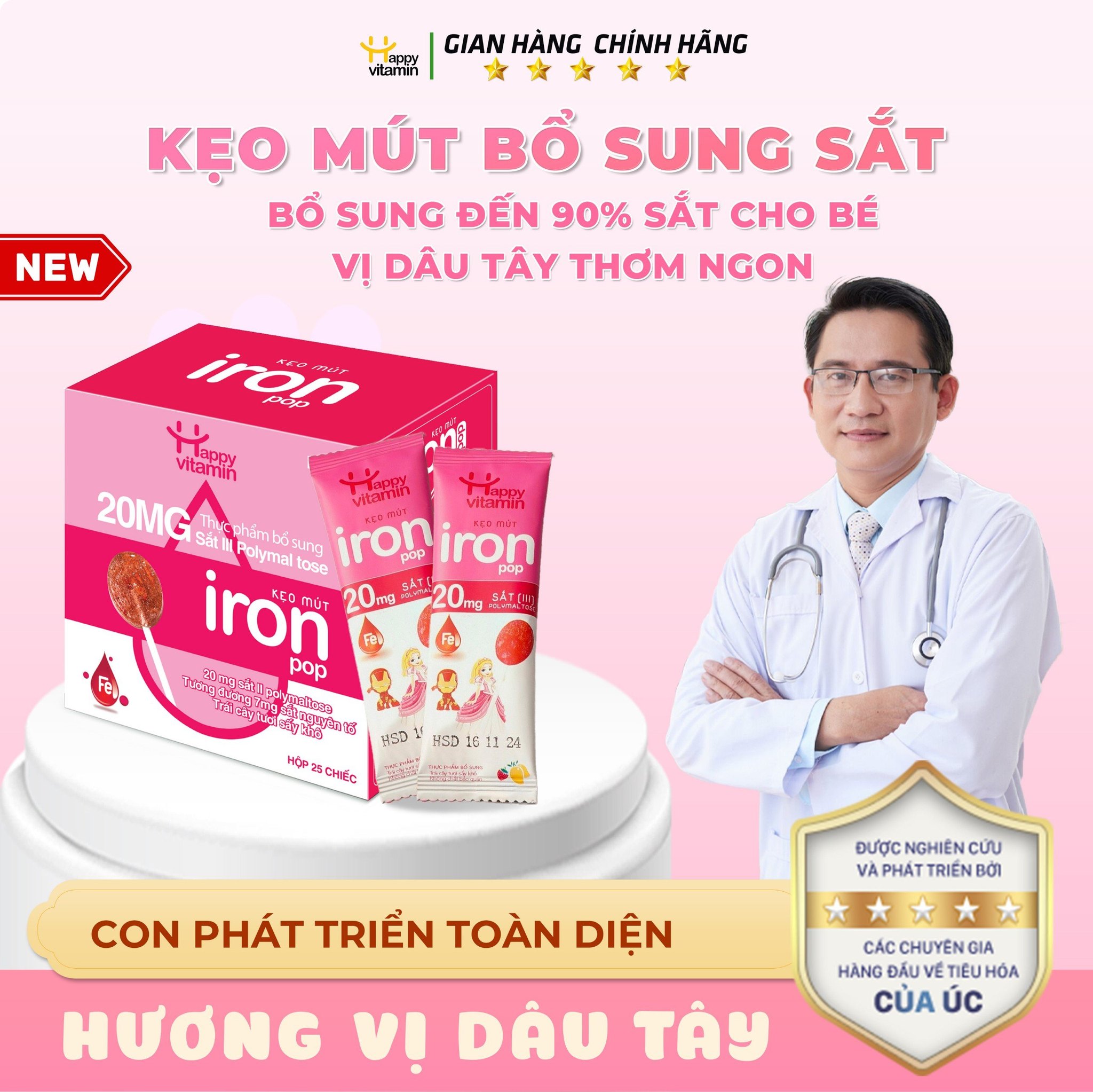 Kẹo mút bổ sung Sắt cho bé Happy Vitamin – hàm lượng Sắt hữu cơ hỗ trợ tạo hồng cầu, ngừa thiếu máu,khỏe mạnh, hồng hào – Dây 10 que
