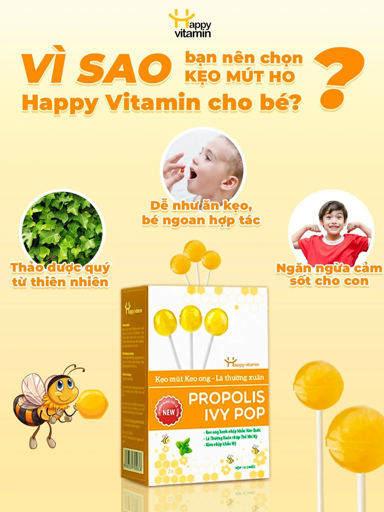Kẹo mút keo ong lá thường xuân Happy Vitamin hỗ trợ ngăn ngừa ho, viêm họng, khản tiếng, bảo vệ vòm họng 12 que/hộp
